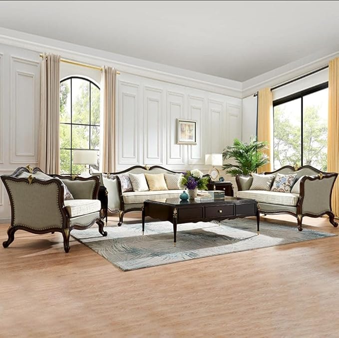 Classic Wood and Craft Royal 7-Seater Teak Sofa Set 3+2+1+1 Center Table Hand-Carved Antique Design in Premium Walnut Finish Victorian Style Wooden Living Room Luxury Furniture for Home Décor