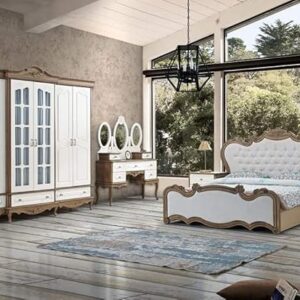 Wooden Twist Antique White Royal Luxury Bed In Teak Wood With 2 Side Table 1 Dressing Table And 1 Wardrobe, 2.15 Meters, 205 CM, 1.31 Meters
