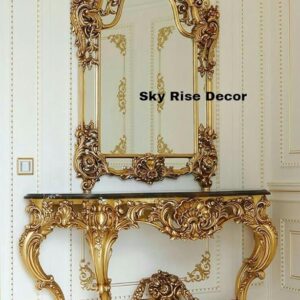 Sky Rise Decor Baroque Style Console Table and Mirror Set, Gold Finish, Ornate Carved Design